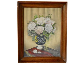 1947 Still Life Of Hydrangeas In Vase - Color Pencil Drawing - Original Framed Artwork - Signed by Artist W. Wolff - (16.25 inch / 41 cm)