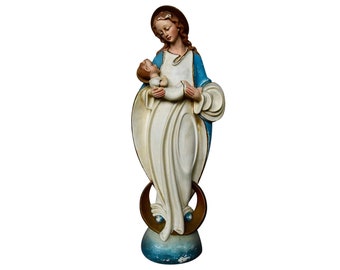 Religious XL Art Deco Virgin Mary with Child Jesus Statue - Hand Painted Madonna with Baby Christ Chalkware - 1920s - (23.50 inch / 60 cm)