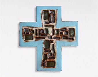 MCM &quot;Brutalist&quot; Abstract Relief Wall Cross - Religious Handmade Glazed Earthenware Ceramic Wall Hanging - (7.50 inch / 19 cm)