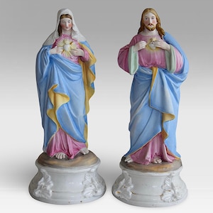 19th Century Belgian Couple Vieux Andenne &quot;Jesus Christ & Virgin Mary With Sacred Heart&quot; Religious Porcelain Statues - (9.25 inch / 23.5 cm)