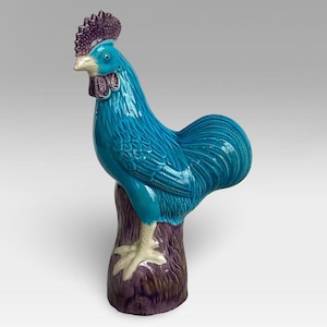 Mid Century Chinese Turquoise Blue Porcelain &quot;Rooster&quot; Farm Animal Figurine - Ceramic &quot;Cockerel&quot; Statue - Numbered - (8 inch / 20.5 cm)