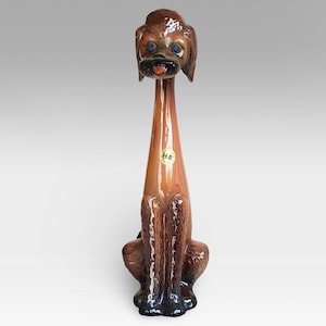 Rare 1960-1976 Modern Belgian &quot;Hubert Bequet&quot; Hand Painted Faience Long Neck Dog - Made in Quaregnon, Belgium - (14 inch / 35.5 cm)