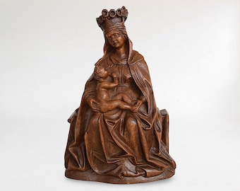 French "Our Lady Of Cluny" Hand Carved Wooden Statue / Sculpture - by Belgian Artist M. Maertens - 20th Century - (15 inch / 38 cm)