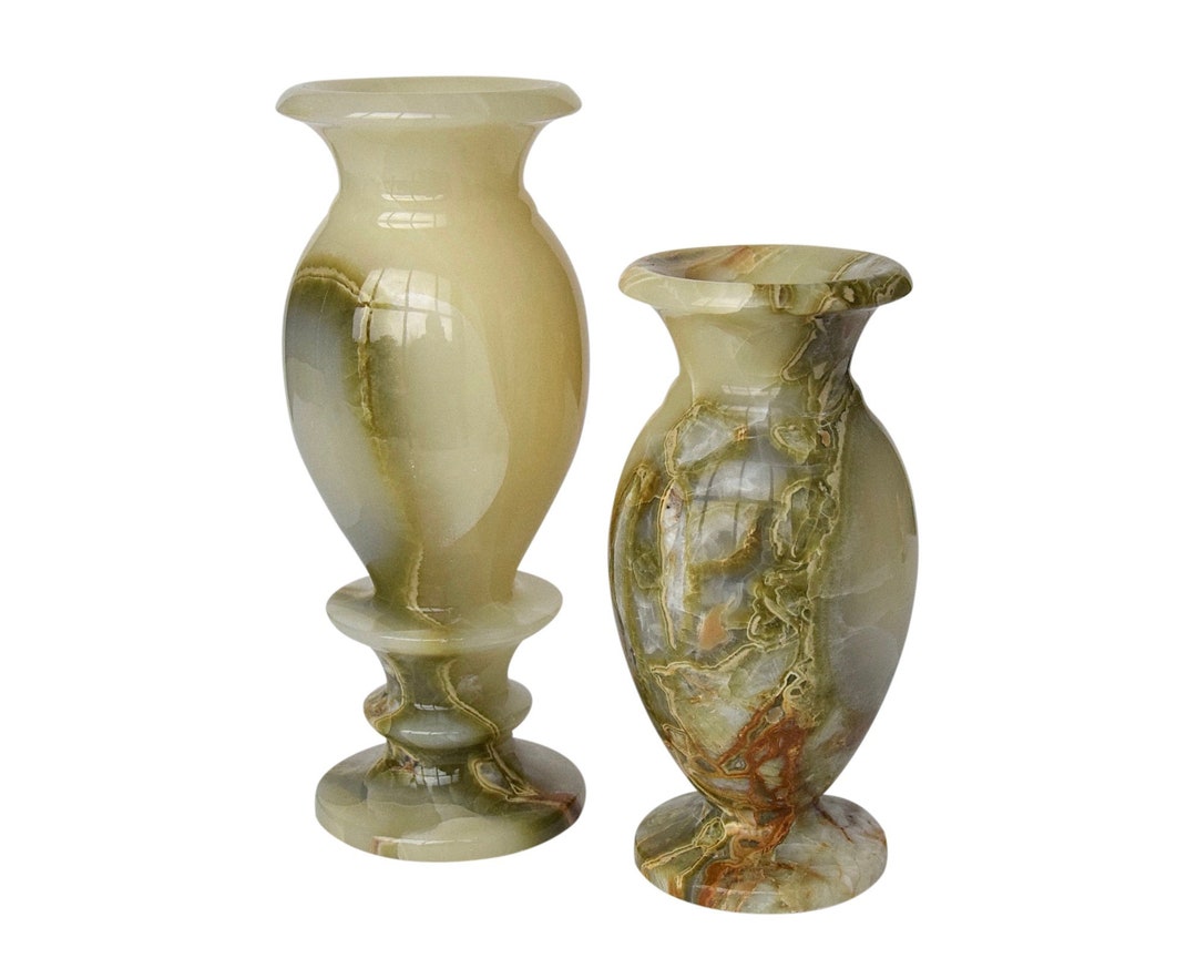 Modern Set 2 Polished Green Onyx Marble Vases Natural Stone Flower