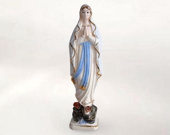 French Mid Century Religious Madonna "Notre Dame de Lourdes" Souvenir - Ceramic Virgin Mary Statue - Made in Italy - (12.50 inch / 32 cm)