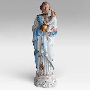 Antique Religious &quot;Saint Joseph with Child Jesus&quot; Bisque Porcelain Statue - Orb and Cross - 6131 - Marked - (16.50 inch / 42 cm)