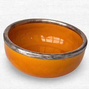 French 1960s Vallauris "Placide Saltalamacchia" Modern Ceramic Bowl With Silver "Wiskemann" Rim - Made in France - Marked - (9 inch / 23 cm)