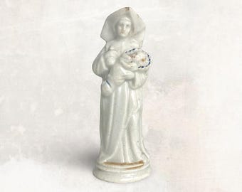 Rare 19th Century Small "Wet Nurse with Baby" Pocket Shrine - Antique "Woman with Child" Porcelain Figurine - (4 inch / 10 cm)