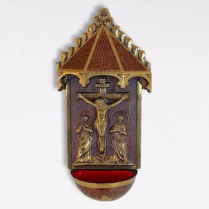 French Art Deco &quot;Crucifixion of Jesus&quot; Antique Brass &quot;INRI&quot; Holy Water Font - Signed - (8.25 inch / 21 cm)