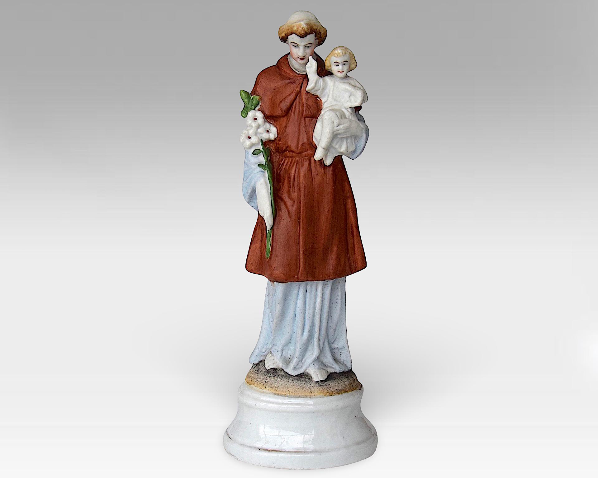 19th Century Vieux Andenne "Saint Anthony" Statue - Religious Porcelain / Bisque Porcelain Figurine - Made in Belgium - (7.50 inch / 19 cm)