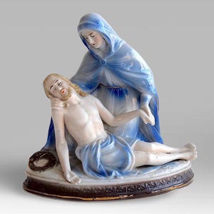 Mid Century Religious &quot;Pietà&quot; Statue - Hand Painted Bisque Porcelain Figurine - Marked - (7.25 inch / 18.5 cm)