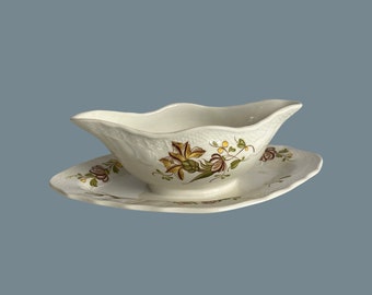 1985-1990 Belgian "Manufacture Royale de la Louvière Boch" Ceramic Sauce Boat - Floral Decor - Made in Belgium - (10.25 inch / 26 cm)