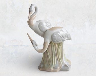 20th C. Spanish Modern "Pamel S.L." Porcelain Hand Painted "Couple Herons" Sculpture - Made in Spain - Marked - 1980s - (11.50" / 29 cm)