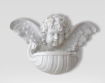 19th Century Large German &quot;Cherub&quot; Holy Water Font - Bisque Porcelain Holy Water Vessel - Marked - (9 inch / 23 cm)