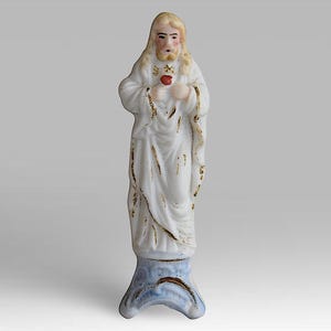 19th Century Small &quot;Jesus Christ With Sacred Heart&quot; Religious &quot;Pocket Shrine&quot; Hand Painted Bisque Porcelain Figurine - (3.75 inch / 9.5 cm)