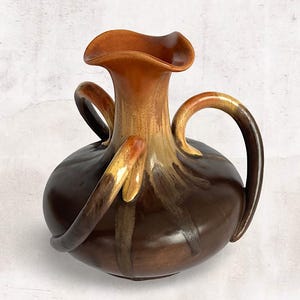 Rare Belgian Art Nouveau "Thulin" Ceramic Triple Handled Vase - Brown Orange Drip Glaze Faience - Belgium - Marked - (7.75 inch / 20 cm)