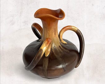 Rare Belgian Art Nouveau "Thulin" Ceramic Triple Handled Vase - Brown Orange Drip Glaze Faience - Belgium - Marked - (7.75 inch / 20 cm)