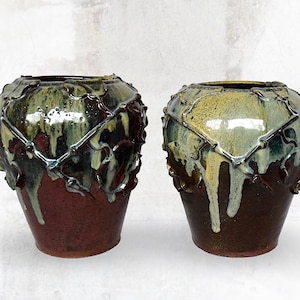 French Art Nouveau Pair Relief "Flower Pots" Decorated With Vines - Made in France - ca 1900-1909 - (10 inch / 25 cm)