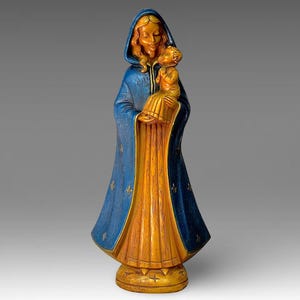 Italian Art Deco &quot;Merlini&quot; Large Religious &quot;Virgin Mary with Child Jesus Statue&quot; Hand Painted Chalkware Statue - (20 inch / 51 cm)