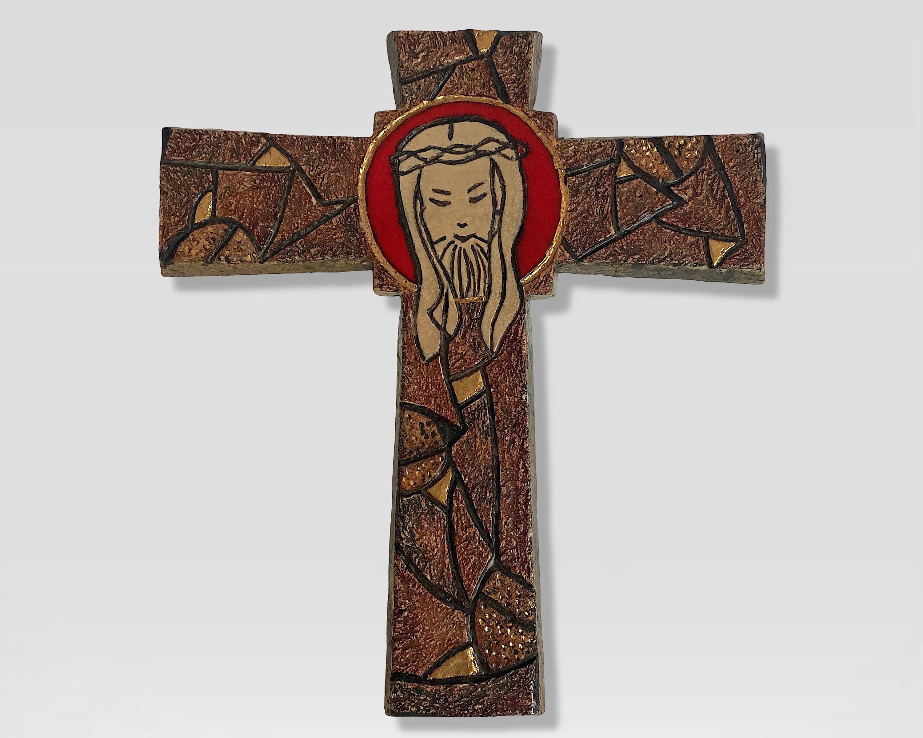 MCM XL Brutalist "Jesus Christ Crucifix" Relief Wall Cross - Religious Red Glazed Earthenware Ceramic Wall Hanging - (16.75 inch / 42.5 cm)
