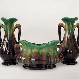 Set of 3 Belgian Art Nouveau Drip Glaze Art Faience Ornaments - 2 Vases + 1 Jardiniere -  by "Faiencerie de Thulin", Belgium - Marked.