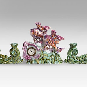 Art Deco Belgian &quot;Hubert Bequet&quot; Hand Painted Faience &quot;Fish Clock&quot; Set With Matching Candlesticks - Quaregnon, Belgium - (11.5&quot; / 29 cm)