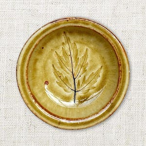 French 1970s 80s "Taizé" Small Modern Olive-Colored Stoneware Dish - Olive Appetizer Bowl - Leaf Decor - France - (3.25 inch / 8.5 cm)