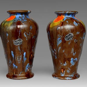 Art Deco Belgian &quot;Faïencerie de Thulin&quot; Ceramic &quot;Drip Glaze&quot; Faience Vases - &quot;Etna&quot; Series - Made in Belgium - Marked - (7 inch / 18 cm)