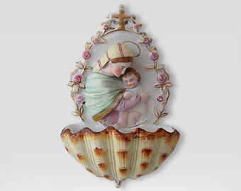 19th Century 3D &quot;Madonna With Child Jesus&quot; Hand Painted Gilded Porcelain Holy Water &quot;Shell&quot; Font - Numbered - (7 inch / 18 cm)