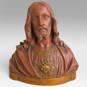 Antique Religious &quot;Jesus Christ With Sacred Heart&quot; Bust - Terracotta Sculpture - Signed by G. Parentani - Belgium - (12.75 inch / 32.5 cm)