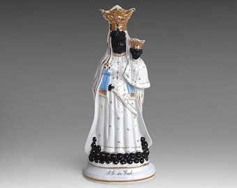 Ca. 1900 Belgian &quot;Notre Dame De Hal&quot; Statue - &quot;Black Madonna With Child&quot; Vieux Bruxelles Porcelain Figurine / Statue - (11.50 inch / 29 cm)