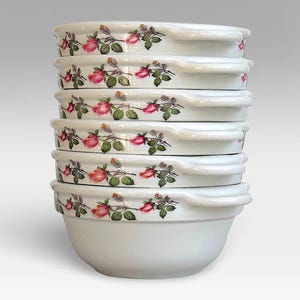 French Set of 6 &quot;Pillivuyt&quot; Porcelain Soup Bowls - Pink Roses Decor - Pilivite - Made in France - (6.75 inch / 17 cm)