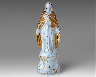 19th Century Religious &quot;Madonna&quot; Statue - Antique &quot;Virgin Mary&quot; Gilded Porcelain Figurine - 1800s Home Altar - (10 inch / 25.5 cm)