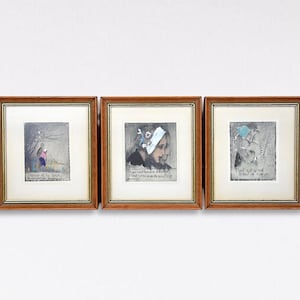 French Original Framed Artwork - Hand Colored Prints - Sayings in French Language - Collection of 3 - by Artist Claude - (7.50 inch / 19 cm)