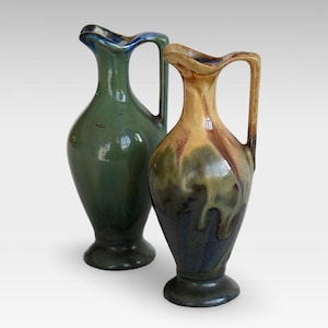 Rare Art Deco Belgian Small Pair Ceramic Drip Glaze Faience Handled Vases - Made in Belgium - (4.25 inch / 11 cm)