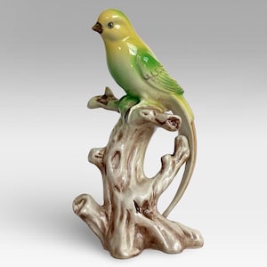 Mid Century "Yellow Green Bird On Branch" Hand Painted Ceramic Animal Figurine - (4.25 inch / 16.5 cm)