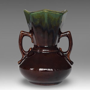 Belgian Art Deco &quot;Thulin&quot; Ceramic Drip Glaze Double Handled Vase - No 323 - by Faïencerie de Thulin - Belgium - (6 inch / 15 cm)