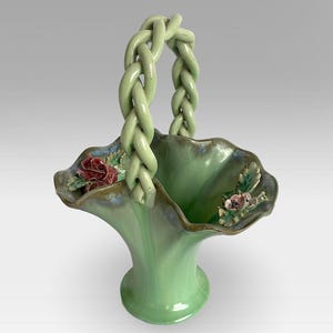 Rare Belgian Art Nouveau Ceramic Drip Glaze &quot;Flower Basket&quot; Vase - by Faïencerie de Thulin - Belgium - Marked 1 - (10.50 inch / 27 cm)