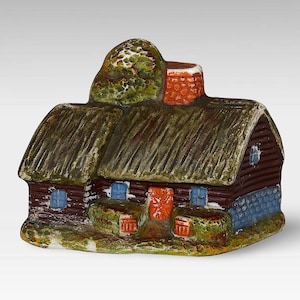 Antique &quot;Cottage House&quot; Money Bank - Hand Painted Porcelain Coin Bank - Foreign Import - Warning: Old Restoration! - (3.25 inch / 8.5 cm)
