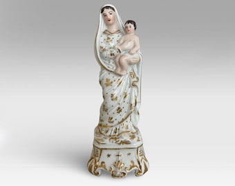 19th Century &quot;Madonna with Child Jesus&quot; Statue - Religious &quot;Virgin Mary with Baby Christ&quot; Porcelain Figurine - (8.75 inch / 22 cm)