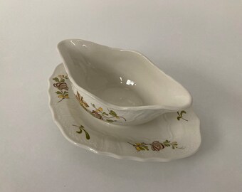 1985-1990 Belgian "Manufacture Royale de la Louvière Boch" Ceramic Sauce Boat - Floral Decor - Made in Belgium - (10.25 inch / 26 cm)