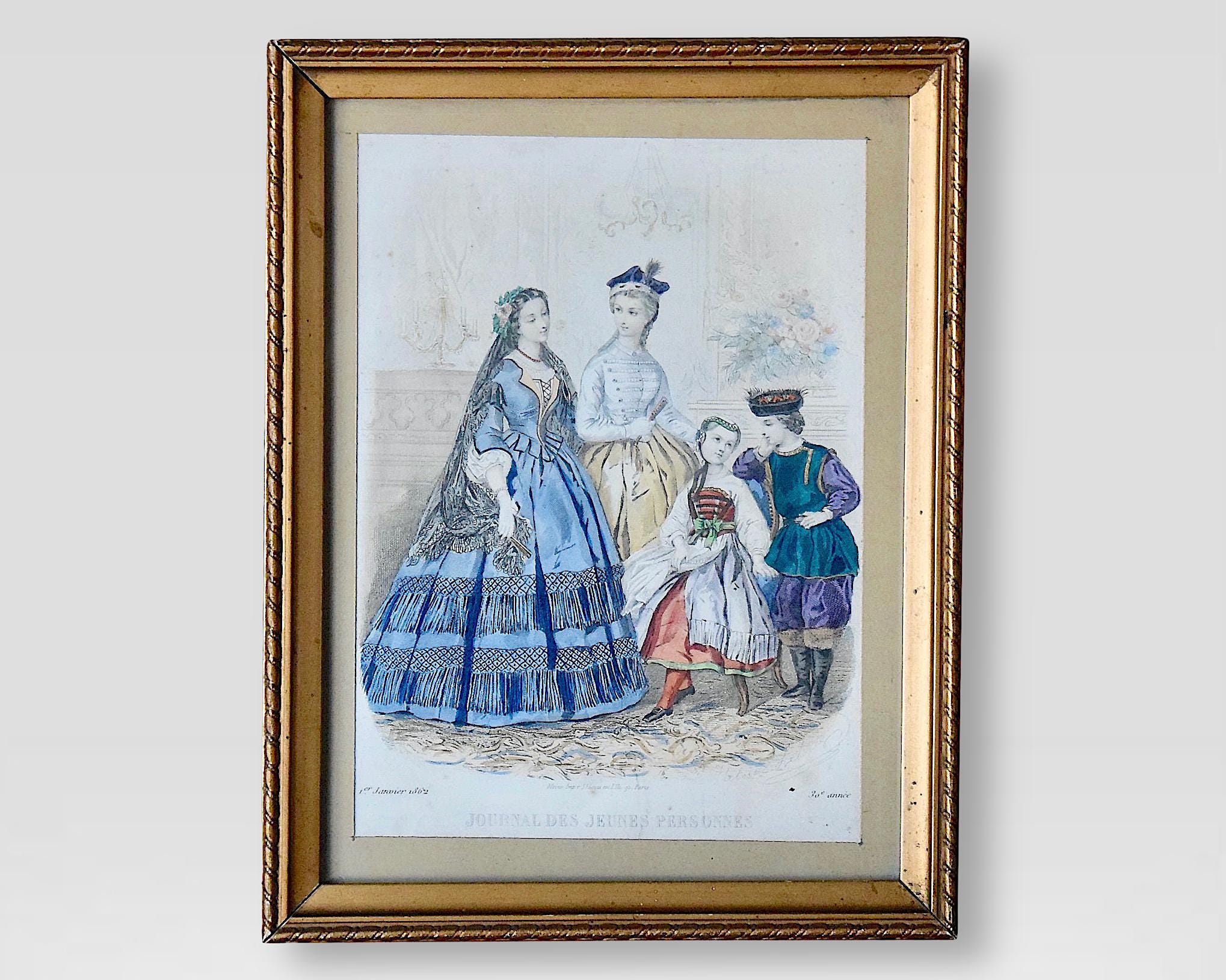 French 19th Century Parisian Framed Artwork - "Journal Des Jeunes Personnes" - Hand-Colored Etching by Héloïse Leloir - France - 1862.