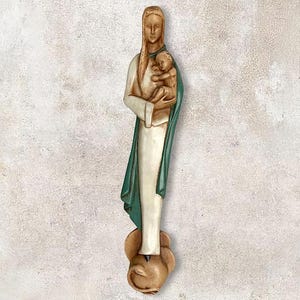 Mid Century Ch Dauwe "Virgin Mary Crushing the Snake" Belgian Hand Painted Chalkware Sculpture Wall Hanging - Signed (17.50 inch / 44.5 cm)