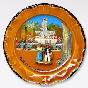 French &quot;Aix en Provence&quot; Mixed Media Ceramic Wall Plate Souvenir - Hand Painted Folk Art Souvenir - France - (9.75 inch / 24.5 cm)