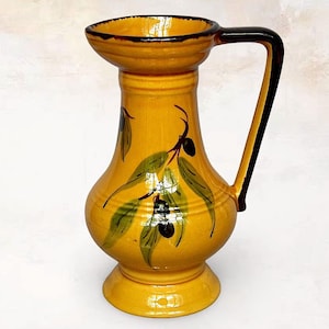 French 1950s 60s "Jeanne Pierlot" Hand Painted "Olive Decor" Faience "Olive" Jug / Pitcher - Made in France - Marked - (8.25 inch / 21 cm)