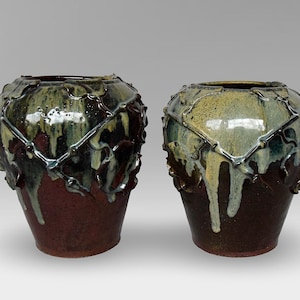 French Art Nouveau Pair Relief &quot;Flower Pots&quot; Decorated With Vines - Made in France - ca 1900-1909 - (10 inch / 25 cm)