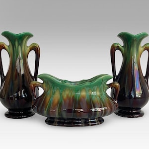 Set of 3 Belgian Art Nouveau Drip Glaze Art Faience Ornaments - 2 Vases + 1 Jardiniere -  by &quot;Faiencerie de Thulin&quot;, Belgium - Marked.