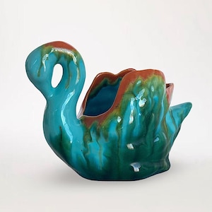 Art Deco Ceramic Drip Glaze "Swan" Pincushion / Planter / Figurine - by Faïencerie de Thulin - Made in Belgium - Marked (6.75 inch / 17 cm)