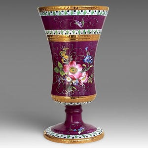 Mid Century Belgian &quot;Hubert Bequet&quot; Hand Painted &quot;Floral&quot; Faience Vase On Foot - Quaregnon, Belgium - 1944-1976 - (10.50 inch / 27 cm)