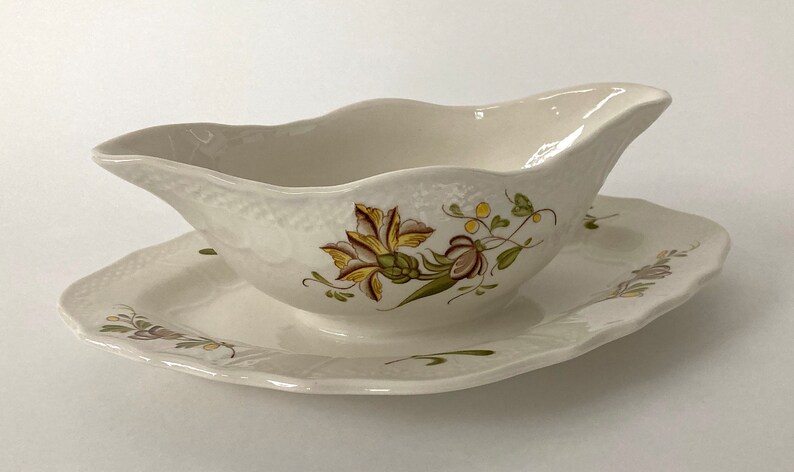 1985-1990 Belgian Manufacture Royale de la Louvière Boch Ceramic Sauce Boat Floral Decor Made in Belgium 10.25 inch / 26 cm image 3